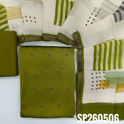 PREORER SHIPPING IN 15 DAYS Mossy green designer pure katan silk dress material, antique gold zari buttas all over (Shiny, Silky, Lining Needed) silk bottom, digital printed katan silk dupatta with borders and zari strips on pallu. SP260506
