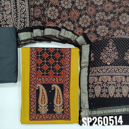 Mehandhi yellow and black pure soft kantha cotton unstitched salwar material, ajrak yoke patch with french knot work (Lining Optional)matching cotton bottom, ajrak hand block printed mul cotton dupatta. TAPINGS NEEDED. SP260514