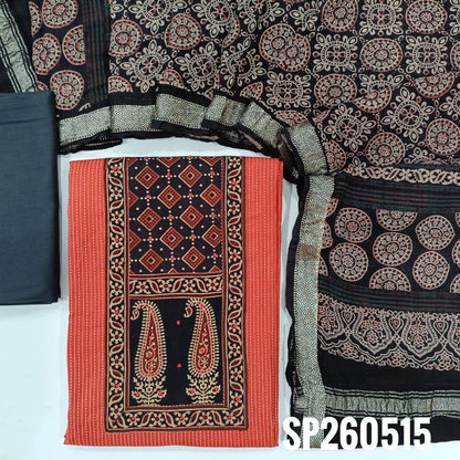 Bright peachish pink and black pure soft kantha cotton unstitched salwar material, ajrak yoke patch with french knot work (Lining Optional)matching cotton bottom, ajrak hand block printed mul cotton dupatta. TAPINGS NEEDED. SP260515