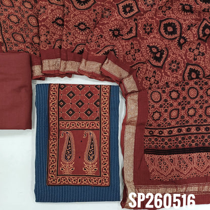 Blue and reddish maroon pure soft kantha cotton unstitched salwar material, ajrak yoke patch with french knot work (Lining Optional)matching cotton bottom, ajrak hand block printed mul cotton dupatta. TAPINGS NEEDED. SP260516