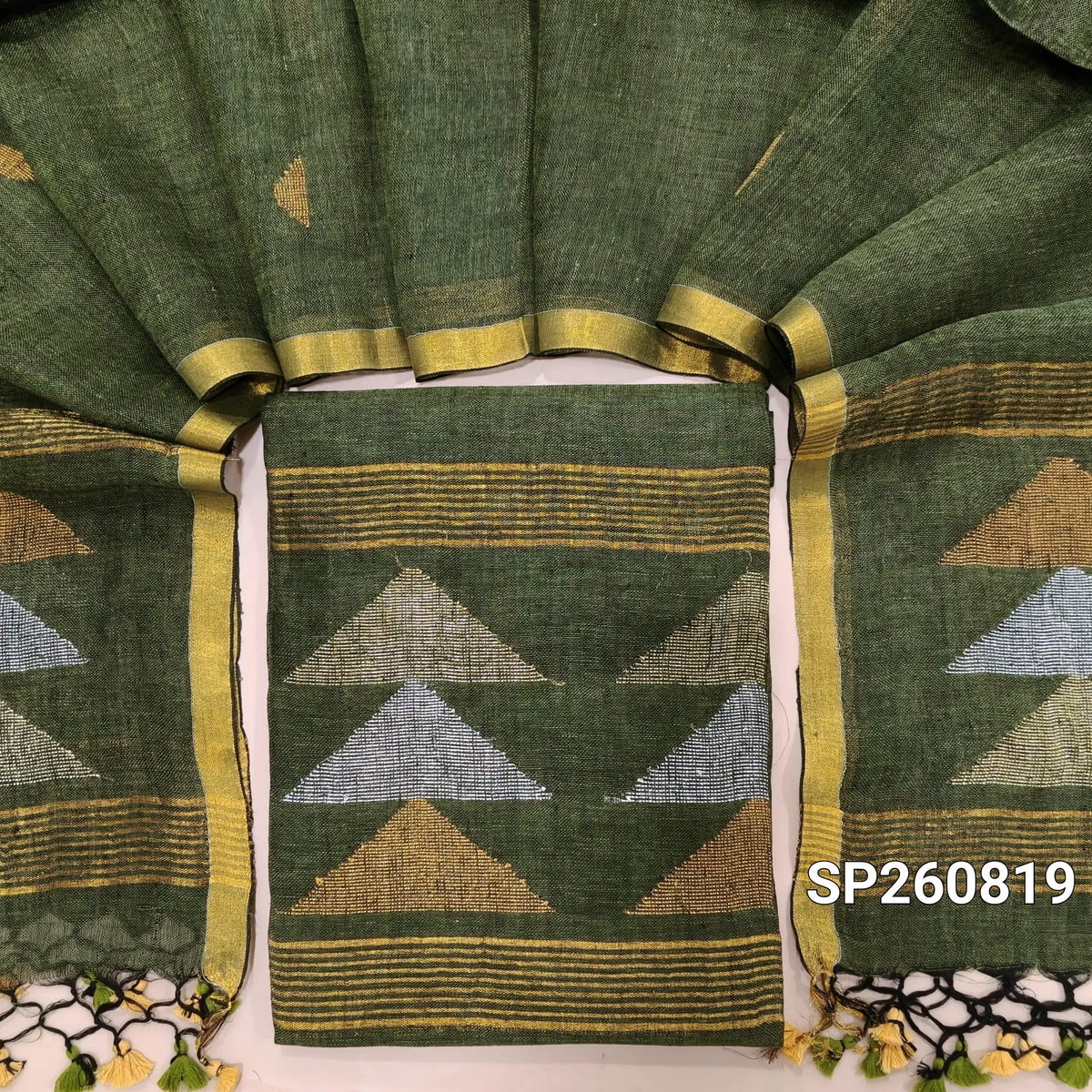 Designer sage green jayashree linen unstitched salwar material with rich jamdani weaving all over (Textured, Lining Needed) NO BOTTOM,jamdani woven jayashree linen dupatta with tassels. SP260619
