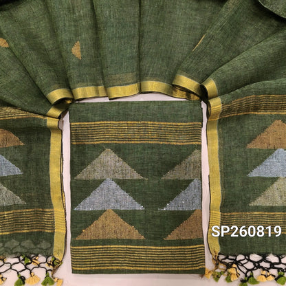 Designer sage green jayashree linen unstitched salwar material with rich jamdani weaving all over (Textured, Lining Needed) NO BOTTOM,jamdani woven jayashree linen dupatta with tassels. SP260619