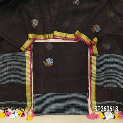Dark coffee brown jayashree linen unstitched salwar material with rich jamdani weaving all over (Textured, Lining Needed) NO BOTTOM,jamdani woven jayashree linen dupatta with tassels. SP260618
