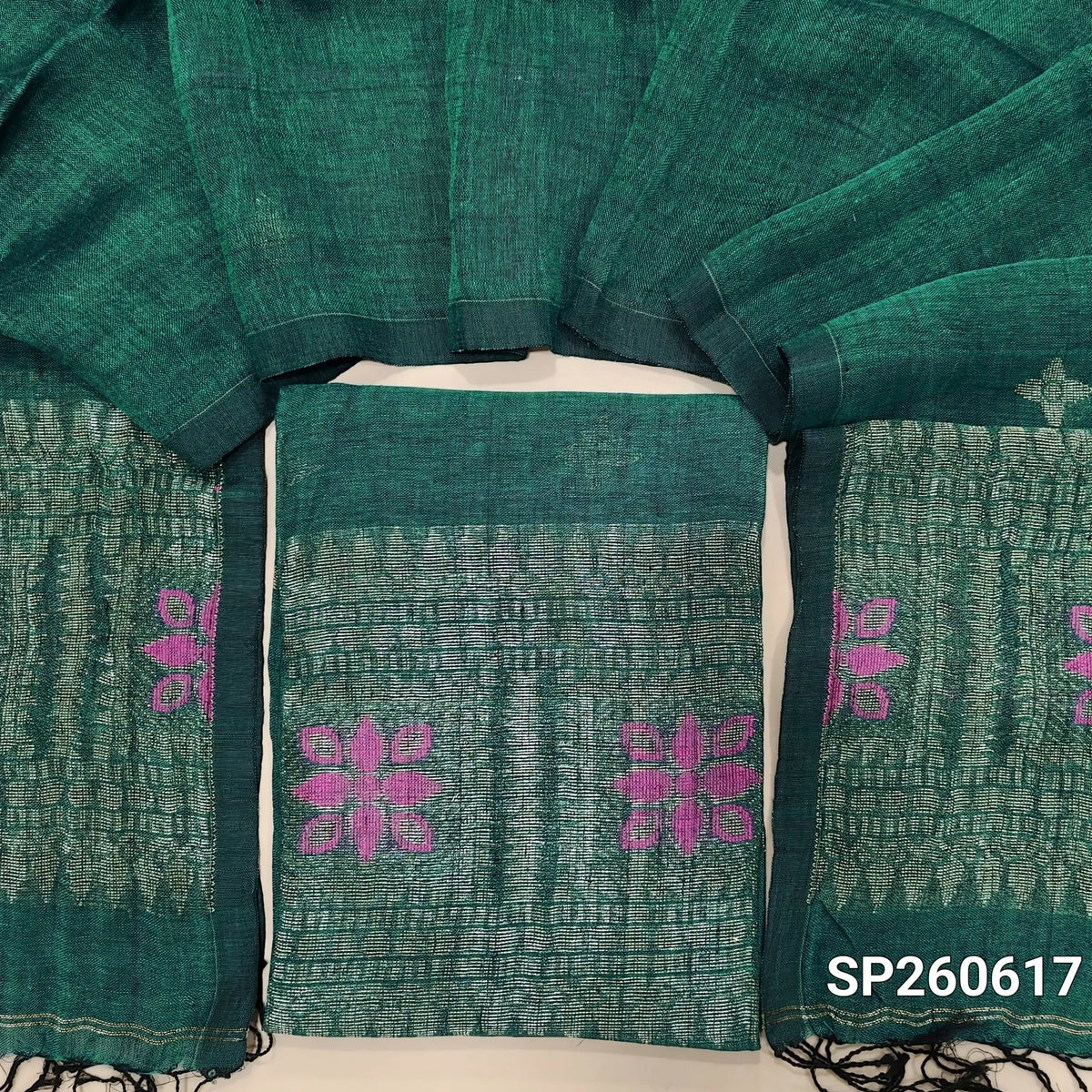 Turquoise green jayashree linen unstitched salwar material with rich jamdani weaving all over (Textured, Lining Needed) NO BOTTOM,jamdani woven jayashree linen dupatta with tassels. SP260617