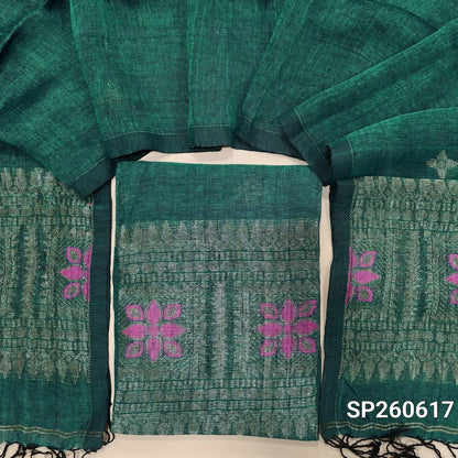 Turquoise green jayashree linen unstitched salwar material with rich jamdani weaving all over (Textured, Lining Needed) NO BOTTOM,jamdani woven jayashree linen dupatta with tassels. SP260617