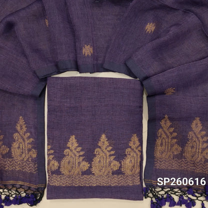 Purple jayashree linen unstitched salwar material with rich jamdani weaving all over (Textured, Lining Needed) NO BOTTOM,jamdani woven jayashree linen dupatta with tassels. SP260616