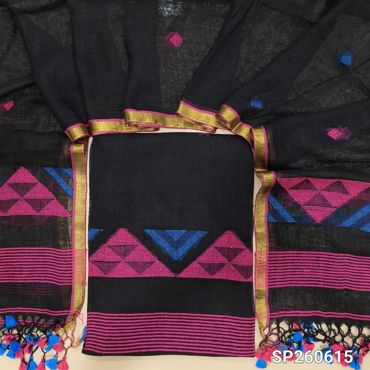 Black jayashree linen unstitched salwar material with rich jamdani weaving all over (Textured, Lining Needed) NO BOTTOM,jamdani woven jayashree linen dupatta with tassels. SP260615