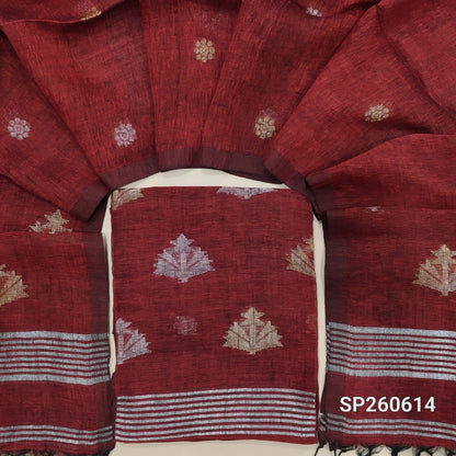 Red jayashree linen unstitched salwar material with rich jamdani weaving all over (Textured, Lining Needed) NO BOTTOM,jamdani woven jayashree linen dupatta with tassels. SP260614