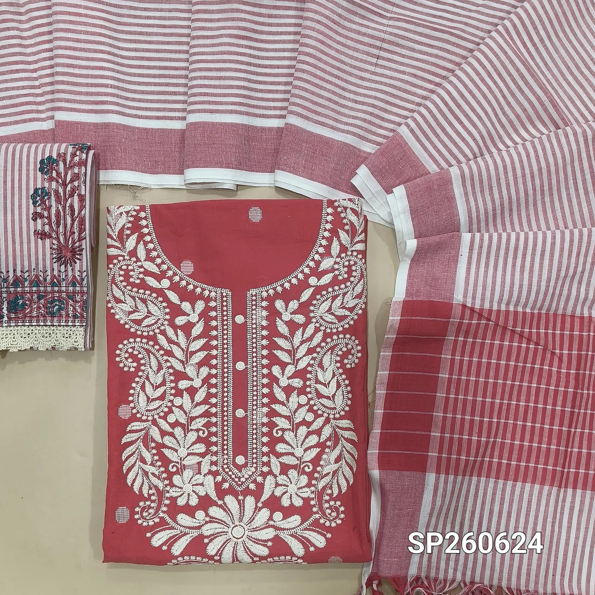 Bright peachish pink handloom cotton thread woven unsitched salwar material, embroidery work on yoke (Lining Needed)matching cotton bottom with blockprint, handloom cotton dupatta. SP260624