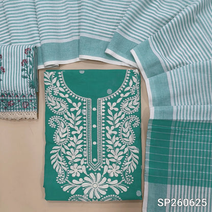 Turquoise blue handloom cotton thread woven unsitched salwar material, embroidery work on yoke (Lining Needed)matching cotton bottom with blockprint, handloom cotton dupatta. SP260625