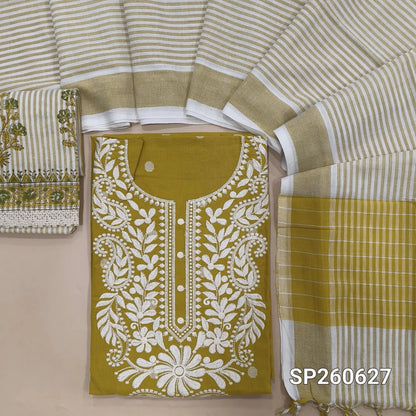 Mehandhi yellow handloom cotton thread woven unsitched salwar material, embroidery work on yoke (Lining Needed)matching cotton bottom with blockprint, handloom cotton dupatta. SP260627