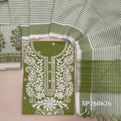 Leafy green handloom cotton thread woven unsitched salwar material, embroidery work on yoke (Lining Needed)matching cotton bottom with blockprint, handloom cotton dupatta. SP260626