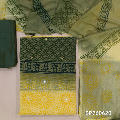 Yellow and green hand block printed kota unstitched salwar material (Lining Needed)matching silk cotton bottom, fancy chiffon dual shaded hand block printed dupatta. SP260620