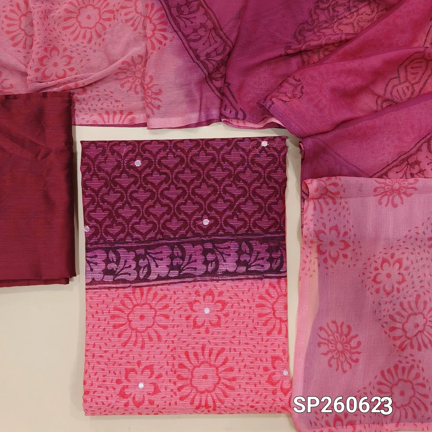 Pink and maroon hand block printed kota unstitched salwar material (Lining Needed)matching silk cotton bottom, fancy chiffon dual shaded hand block printed dupatta. SP260623