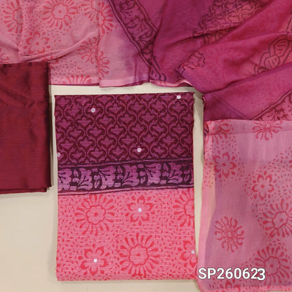Pink and maroon hand block printed kota unstitched salwar material (Lining Needed)matching silk cotton bottom, fancy chiffon dual shaded hand block printed dupatta. SP260623