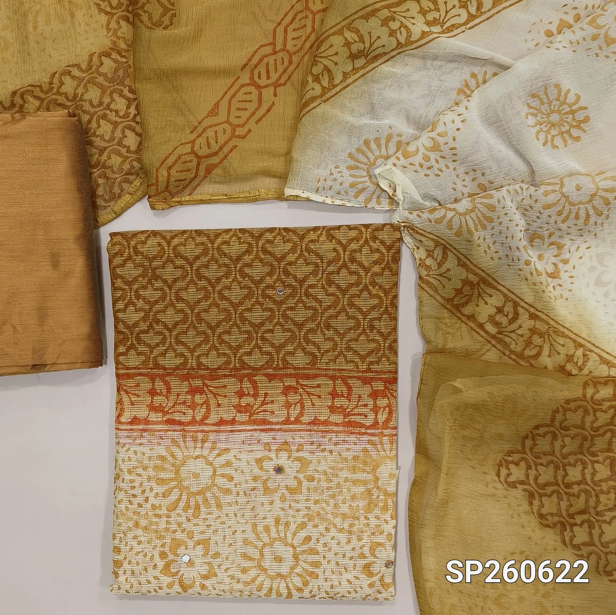Light and dark yellow hand block printed kota unstitched salwar material (Lining Needed)matching silk cotton bottom, fancy chiffon dual shaded hand block printed dupatta. SP260622