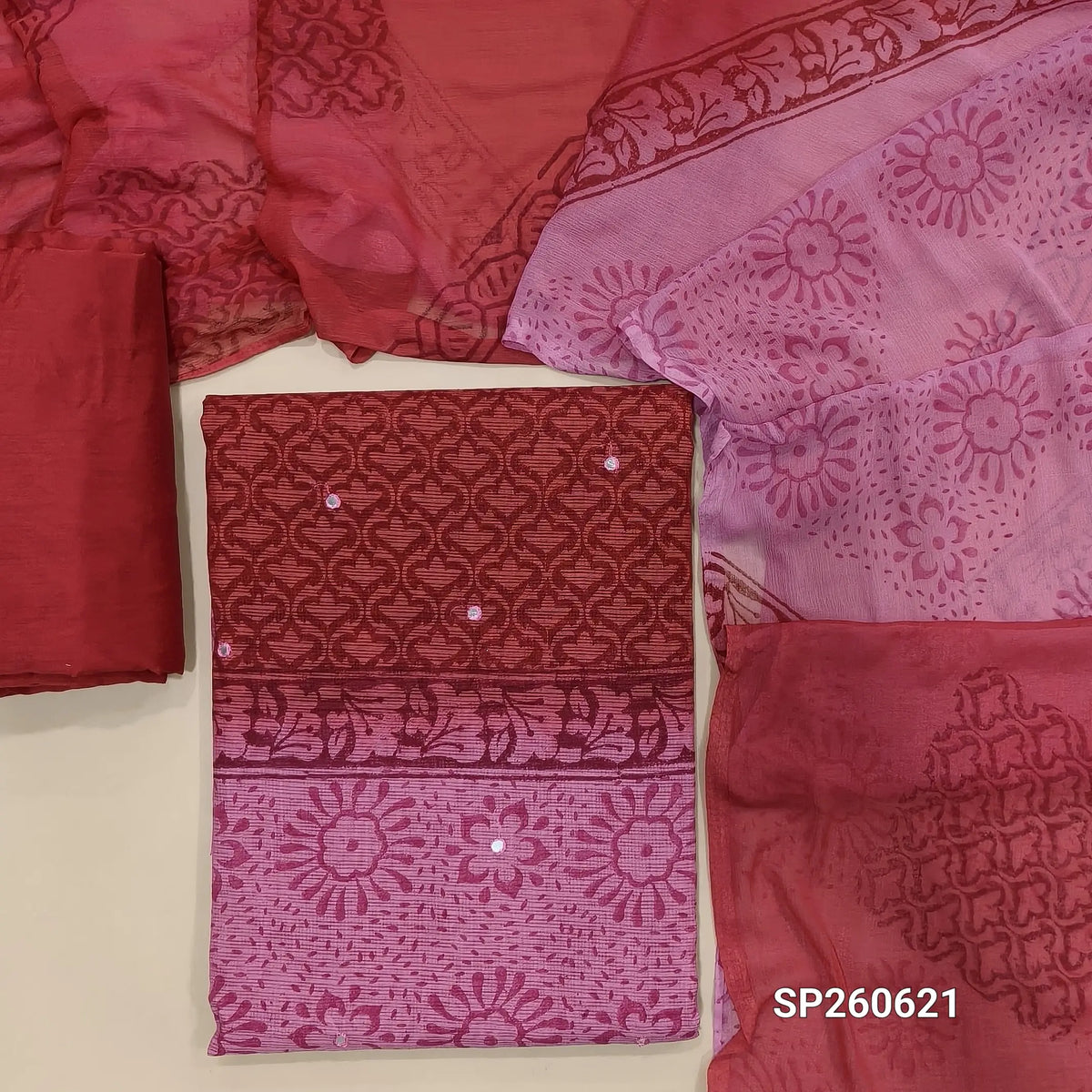 Light and dark pink hand block printed kota unstitched salwar material (Lining Needed)matching silk cotton bottom, fancy chiffon dual shaded hand block printed dupatta. SP260621