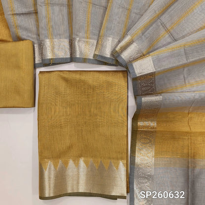 Mehandhi yellow semi maheshwari silk cotton unstitched salwar material, zari woven temple borders (Lining Needed) Matching silk cotton bottom, greyish beige silk cotton dupatta. SP260632