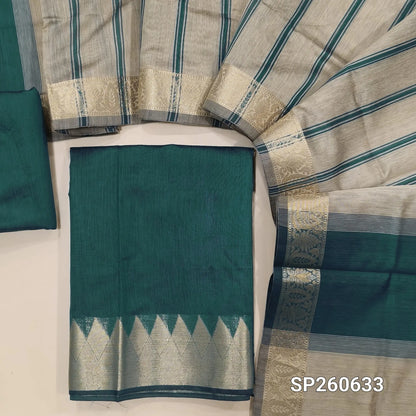 Dark teal blue semi maheshwari silk cotton unstitched salwar material, zari woven temple borders (Lining Needed) Matching silk cotton bottom, greyish beige silk cotton dupatta. SP260633