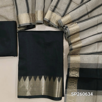 Black semi maheshwari silk cotton unstitched salwar material, zari woven temple borders (Lining Needed) Matching silk cotton bottom, greyish beige silk cotton dupatta. SP260634