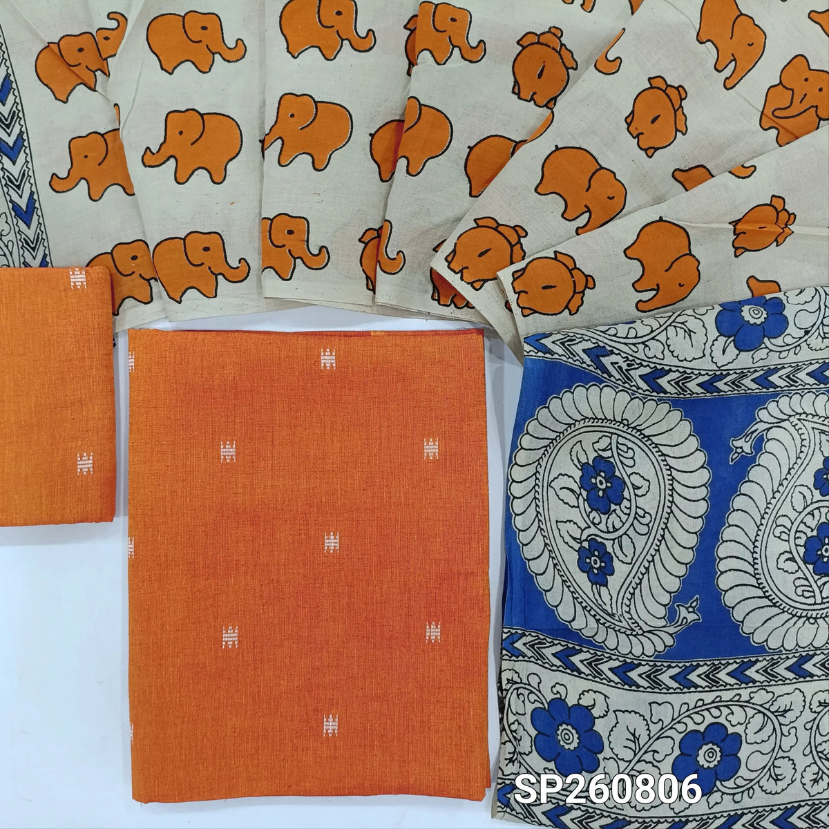 Orange premium handloom cotton unstitched salwar material, thread weaving all over, thread woven handloom cotton bottom. handblock printed mul cotton dupatta. SP260806