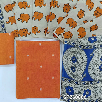 Orange premium handloom cotton unstitched salwar material, thread weaving all over, thread woven handloom cotton bottom. handblock printed mul cotton dupatta. SP260806
