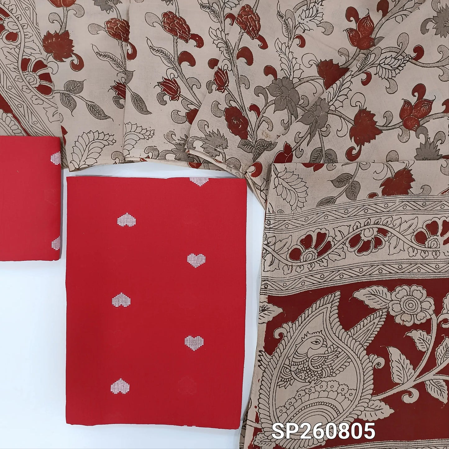 Red premium handloom cotton unstitched salwar material, thread weaving all over, thread woven handloom cotton bottom. handblock printed mul cotton dupatta. SP260805