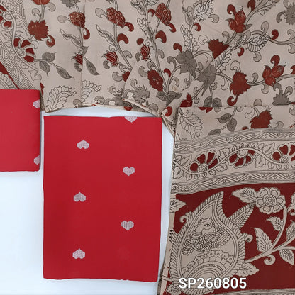 Red premium handloom cotton unstitched salwar material, thread weaving all over, thread woven handloom cotton bottom. handblock printed mul cotton dupatta. SP260805