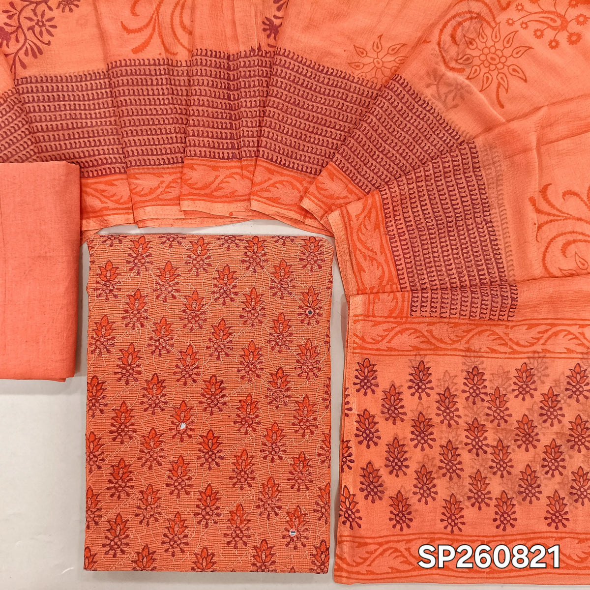 Peach premim kota unstitched salwar material, hand block prints and embroidery, faux mirror on front (hin, Lining Needed)matching drum dyed cotton lining, NO BOTTOM, hand block printed chiffon dupatta. SP260821