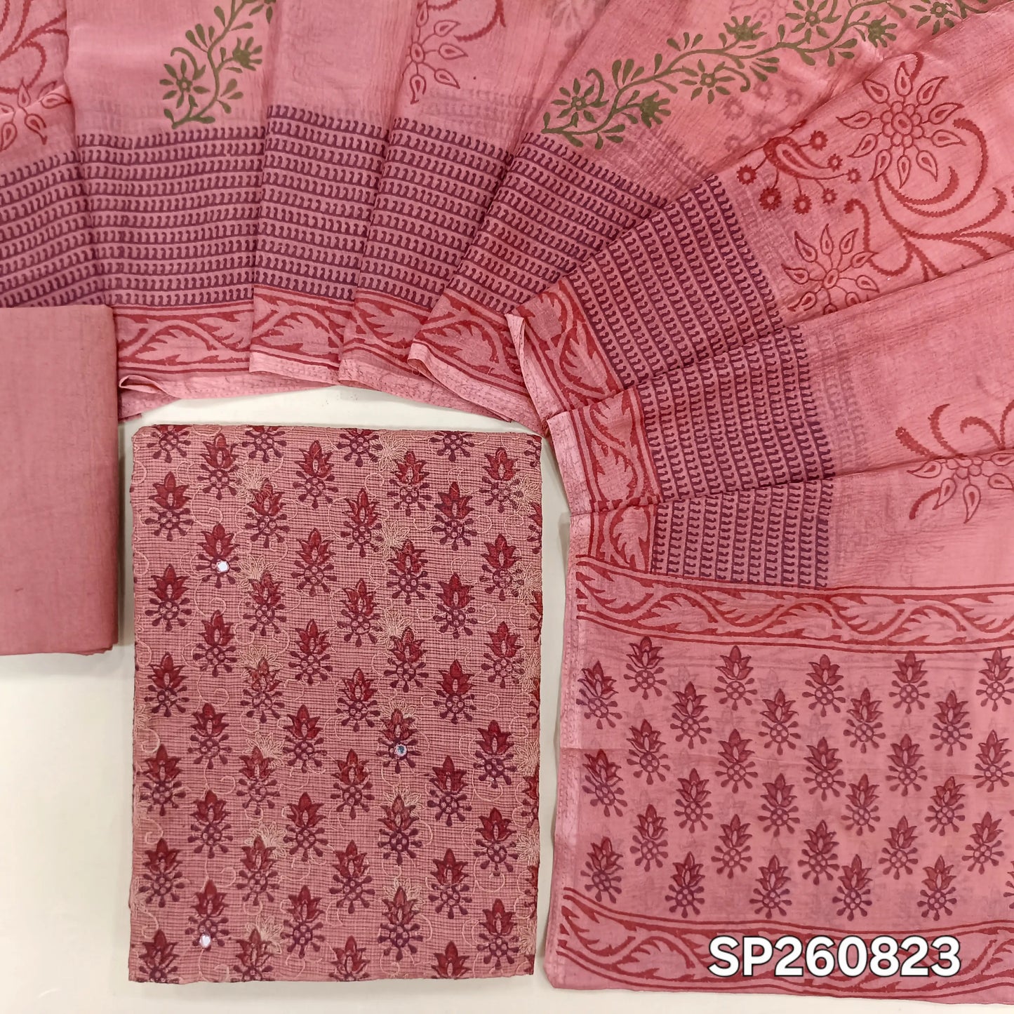 Dark onion pink premim kota unstitched salwar material, hand block prints and embroidery, faux mirror on front (hin, Lining Needed)matching drum dyed cotton lining, NO BOTTOM, hand block printed chiffon dupatta. SP260823