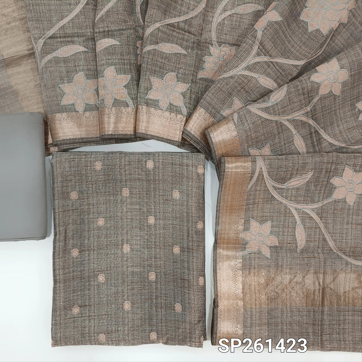 Grey with golden tint tissue silk cotton untitched salwar material, zari buttas on front (Textured, Lining Needed)matching spun cotton bottom, tissue silk cotton dupatta with applique work zari woven borders and pallu. SP261423