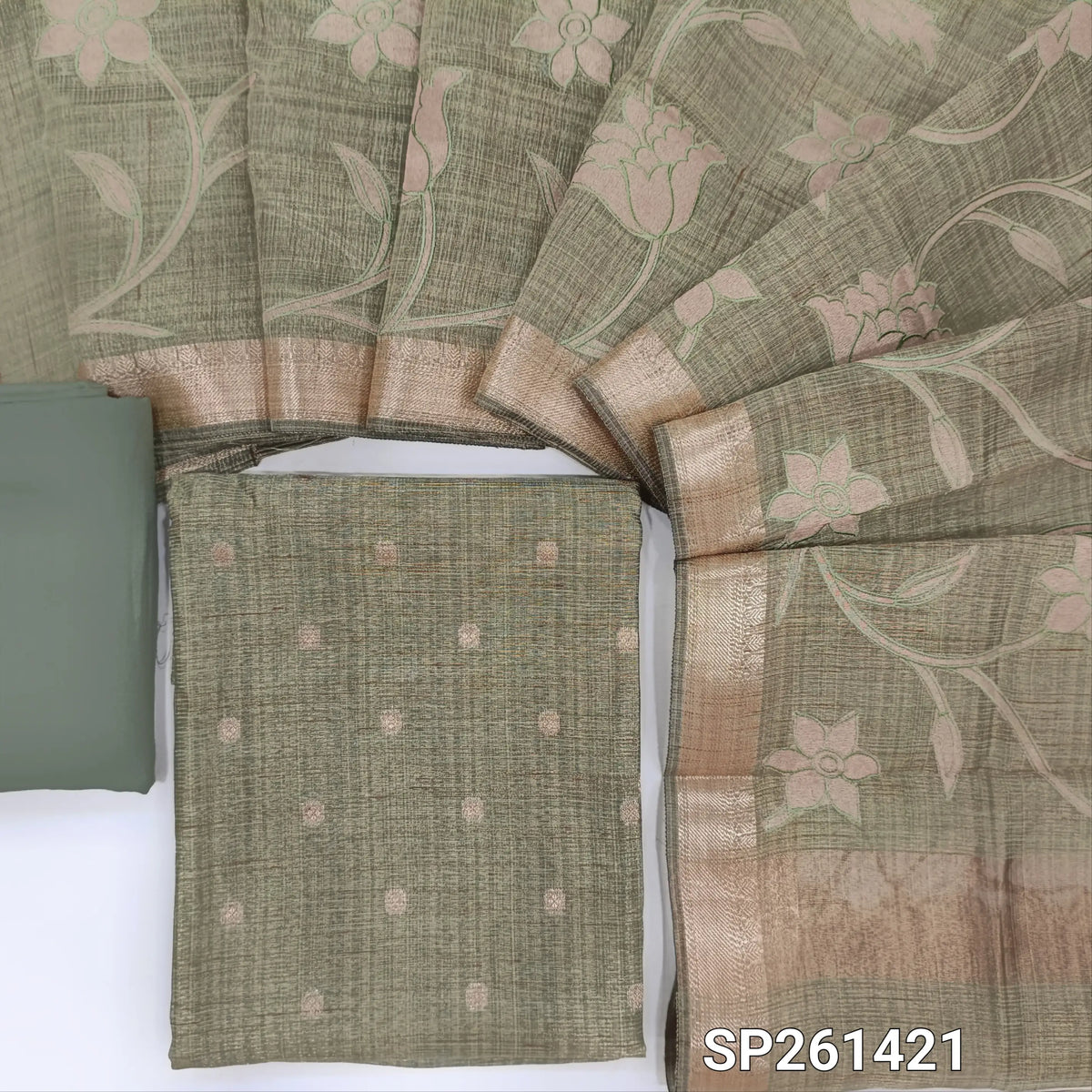Green with golden tint tissue silk cotton untitched salwar material, zari buttas on front (Textured, Lining Needed)matching spun cotton bottom, tissue silk cotton dupatta with applique work zari woven borders and pallu. SP261421