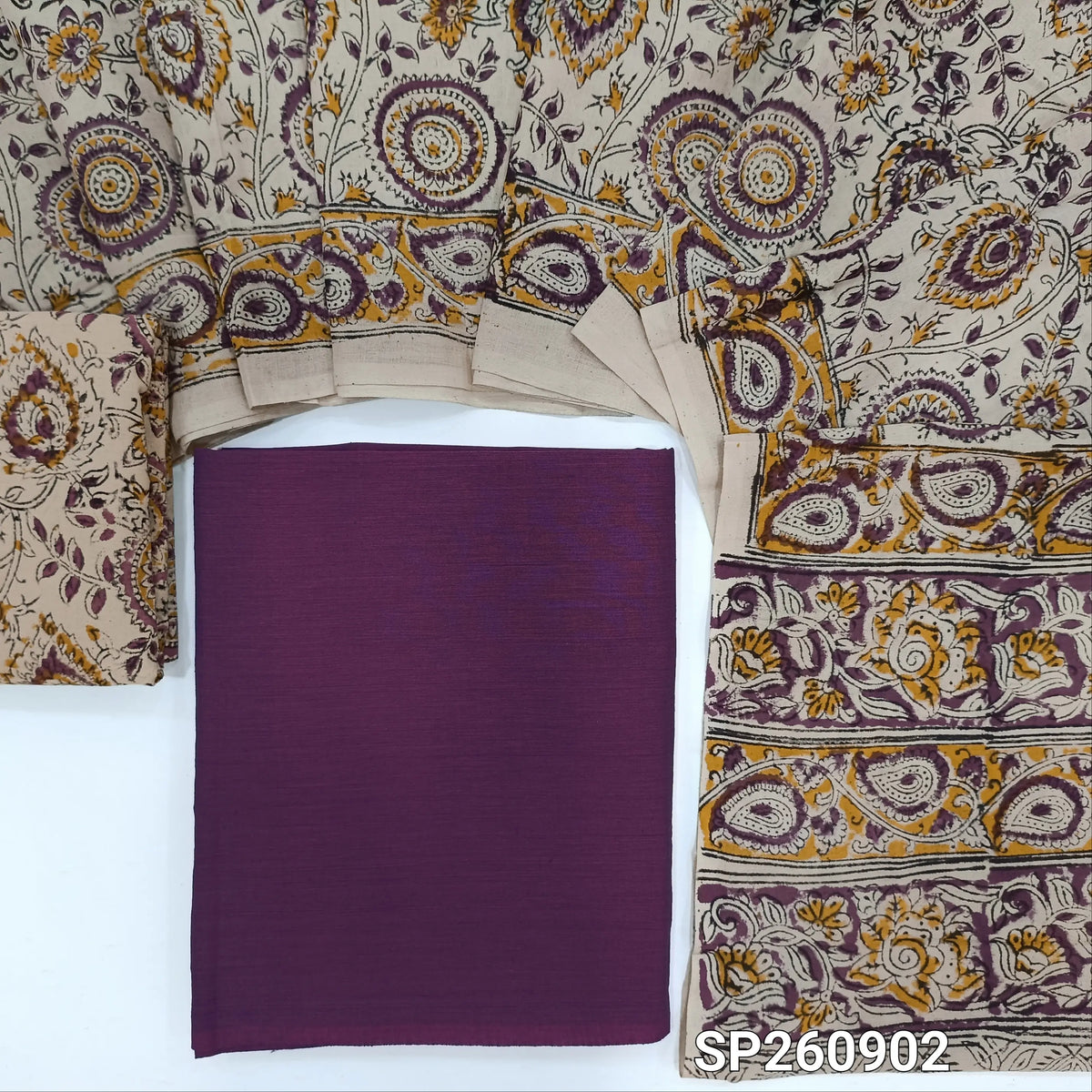 Purple handloom cotton unstitched salwar material, kalamkari hand block printed cotton botttom, kalamkari mul cotton dupatta. TAPINGS NEEED, SLIGHT STAINS AND INCONSISTENTCIES IN DYES AND PRINTS ARE NOT DEFECTS. SP260902