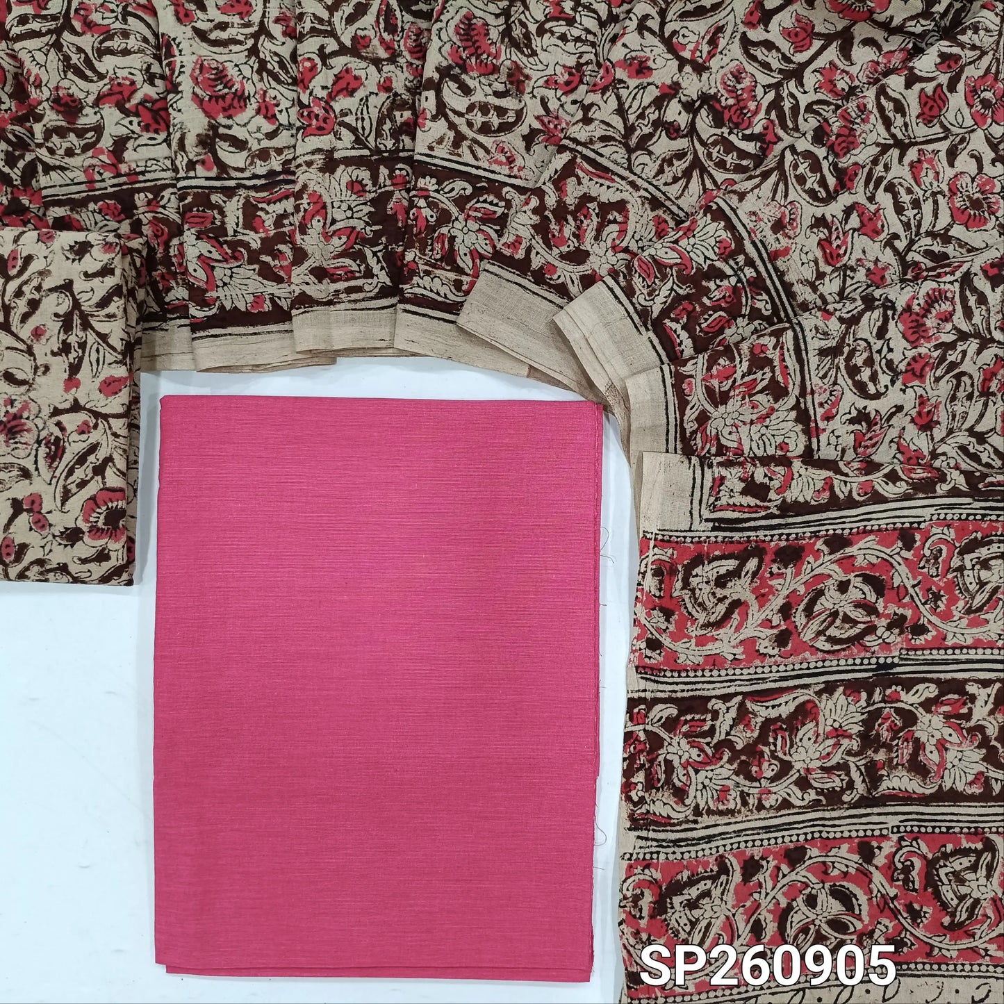 Pink handloom cotton unstitched salwar material, kalamkari hand block printed cotton botttom, kalamkari mul cotton dupatta. TAPINGS NEEED, SLIGHT STAINS AND INCONSISTENTCIES IN DYES AND PRINTS ARE NOT DEFECTS. SP260905