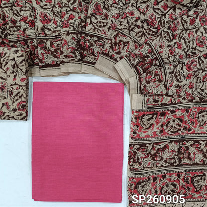 Pink handloom cotton unstitched salwar material, kalamkari hand block printed cotton botttom, kalamkari mul cotton dupatta. TAPINGS NEEED, SLIGHT STAINS AND INCONSISTENTCIES IN DYES AND PRINTS ARE NOT DEFECTS. SP260905