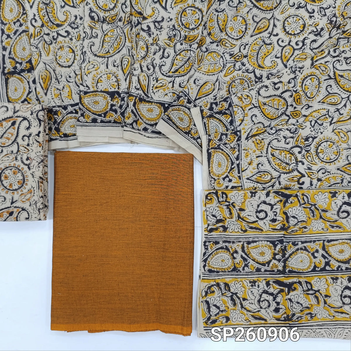 Honey brown handloom cotton unstitched salwar material, kalamkari hand block printed cotton botttom, kalamkari mul cotton dupatta. TAPINGS NEEED, SLIGHT STAINS AND INCONSISTENTCIES IN DYES AND PRINTS ARE NOT DEFECTS. SP260906