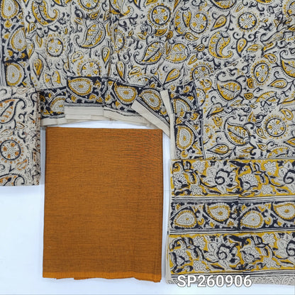 Honey brown handloom cotton unstitched salwar material, kalamkari hand block printed cotton botttom, kalamkari mul cotton dupatta. TAPINGS NEEED, SLIGHT STAINS AND INCONSISTENTCIES IN DYES AND PRINTS ARE NOT DEFECTS. SP260906