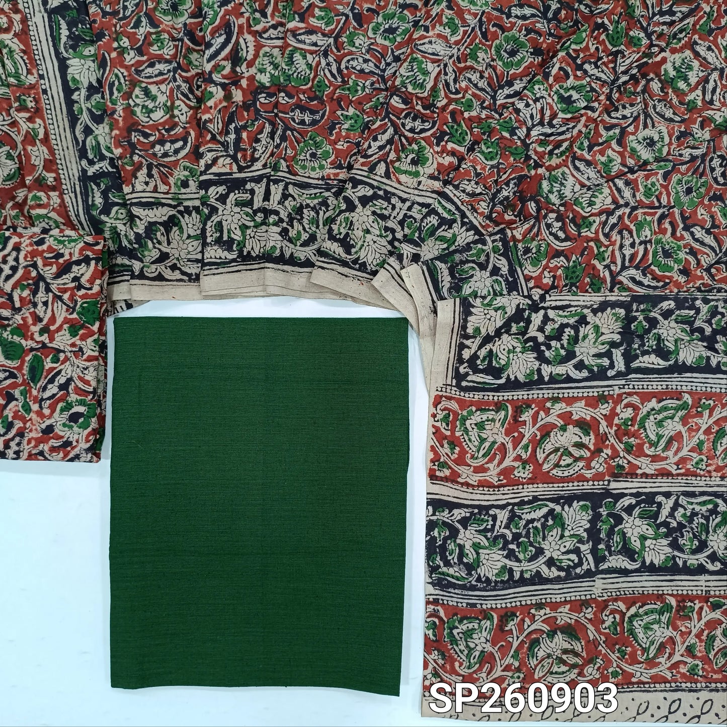 Bottle green handloom cotton unstitched salwar material, kalamkari hand block printed cotton botttom, kalamkari mul cotton dupatta. TAPINGS NEEED, SLIGHT STAINS AND INCONSISTENTCIES IN DYES AND PRINTS ARE NOT DEFECTS. SP260903