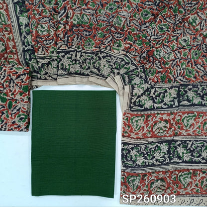 Bottle green handloom cotton unstitched salwar material, kalamkari hand block printed cotton botttom, kalamkari mul cotton dupatta. TAPINGS NEEED, SLIGHT STAINS AND INCONSISTENTCIES IN DYES AND PRINTS ARE NOT DEFECTS. SP260903