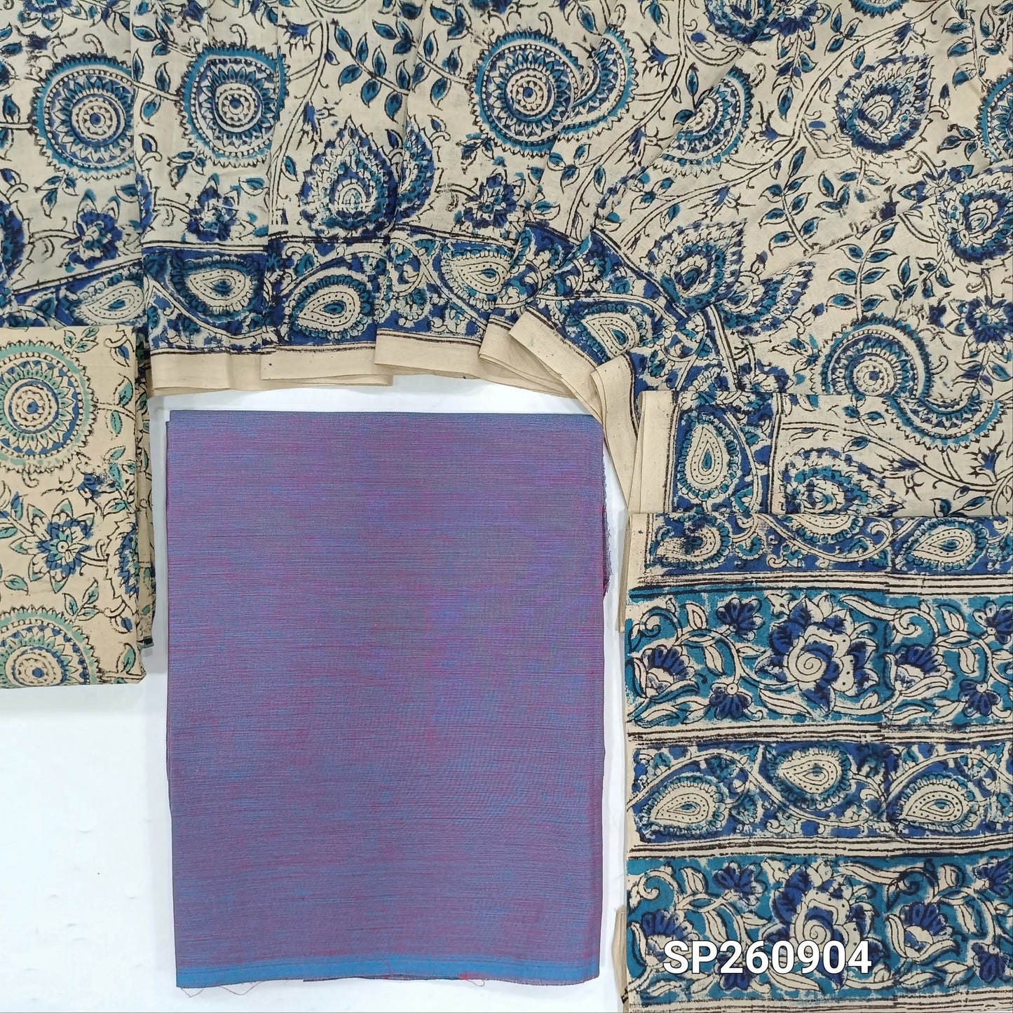 Dual shaded blue and purple handloom cotton unstitched salwar material, kalamkari hand block printed cotton botttom, kalamkari mul cotton dupatta. TAPINGS NEEED, SLIGHT STAINS AND INCONSISTENTCIES IN DYES AND PRINTS ARE NOT DEFECTS. SP260904