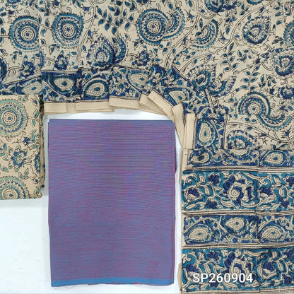 Dual shaded blue and purple handloom cotton unstitched salwar material, kalamkari hand block printed cotton botttom, kalamkari mul cotton dupatta. TAPINGS NEEED, SLIGHT STAINS AND INCONSISTENTCIES IN DYES AND PRINTS ARE NOT DEFECTS. SP260904