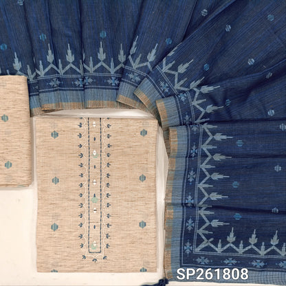 Off white base jute linen unstitched salwar material, thread embroidery and real mirror on yoke, printed all over, printed daman,(ROYAL BLUE,Textured, Lining Needed) jute linen bottom,printed semi linen dupatta with tissue borders. SP261808