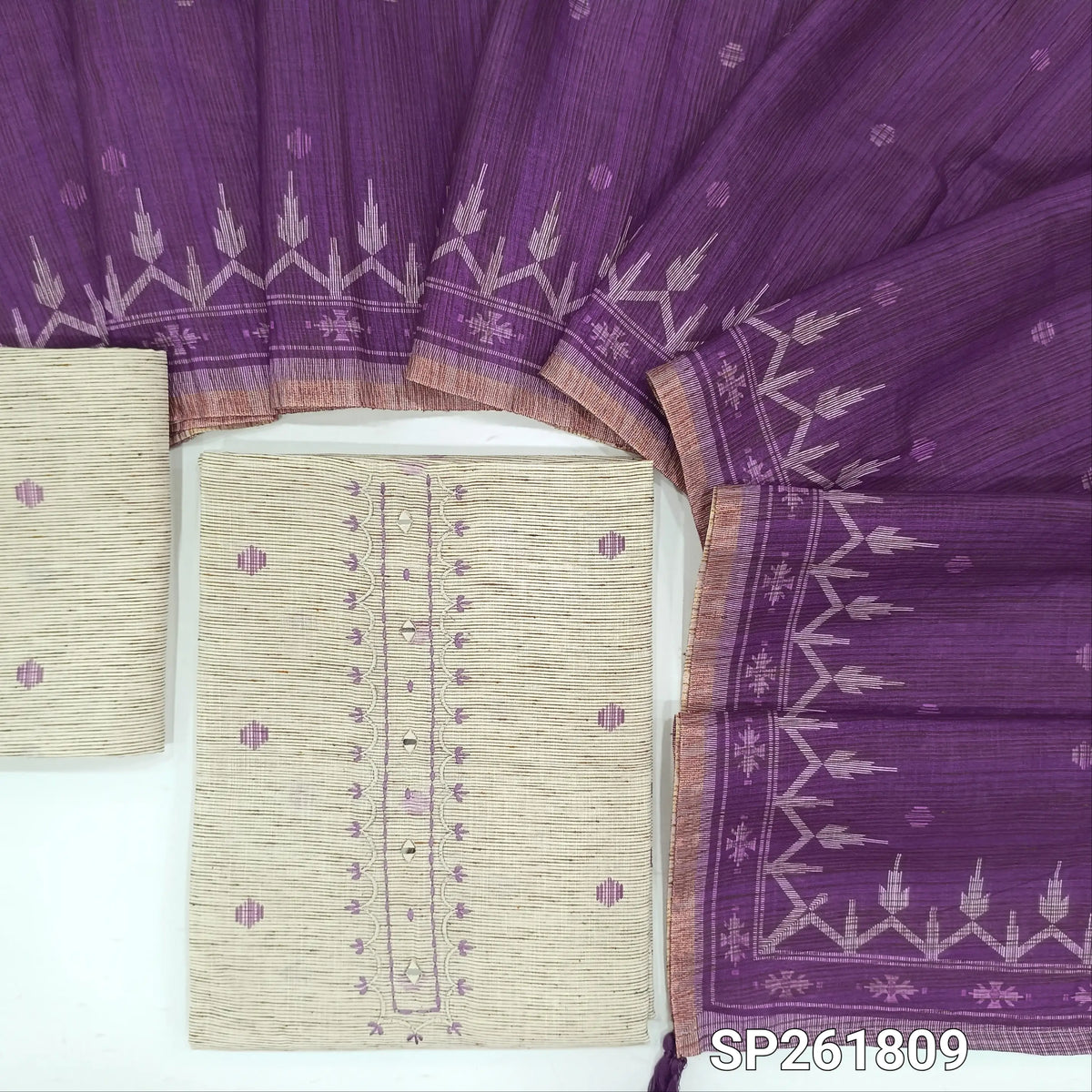 Off white base jute linen unstitched salwar material, thread embroidery and real mirror on yoke, printed all over, printed daman,(PURPLE,Textured, Lining Needed) jute linen bottom,printed semi linen dupatta with tissue borders. SP261809