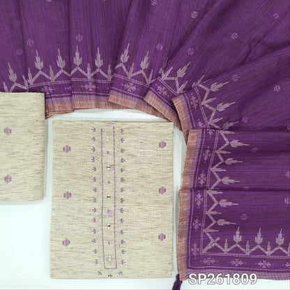 Off white base jute linen unstitched salwar material, thread embroidery and real mirror on yoke, printed all over, printed daman,(PURPLE,Textured, Lining Needed) jute linen bottom,printed semi linen dupatta with tissue borders. SP261809