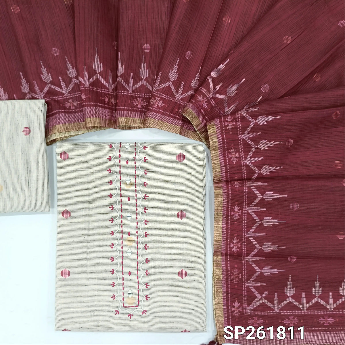 Off white base jute linen unstitched salwar material, thread embroidery and real mirror on yoke, printed all over, printed daman,(REDDISH MAROON,Textured, Lining Needed) jute linen bottom,printed semi linen dupatta with tissue borders. SP261811