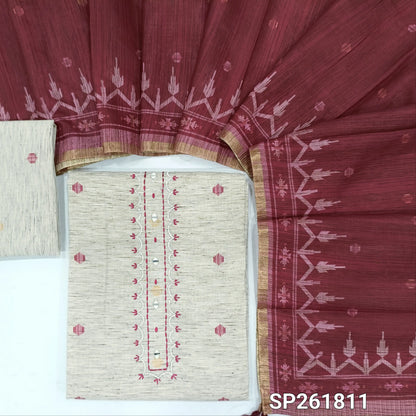 Off white base jute linen unstitched salwar material, thread embroidery and real mirror on yoke, printed all over, printed daman,(REDDISH MAROON,Textured, Lining Needed) jute linen bottom,printed semi linen dupatta with tissue borders. SP261811