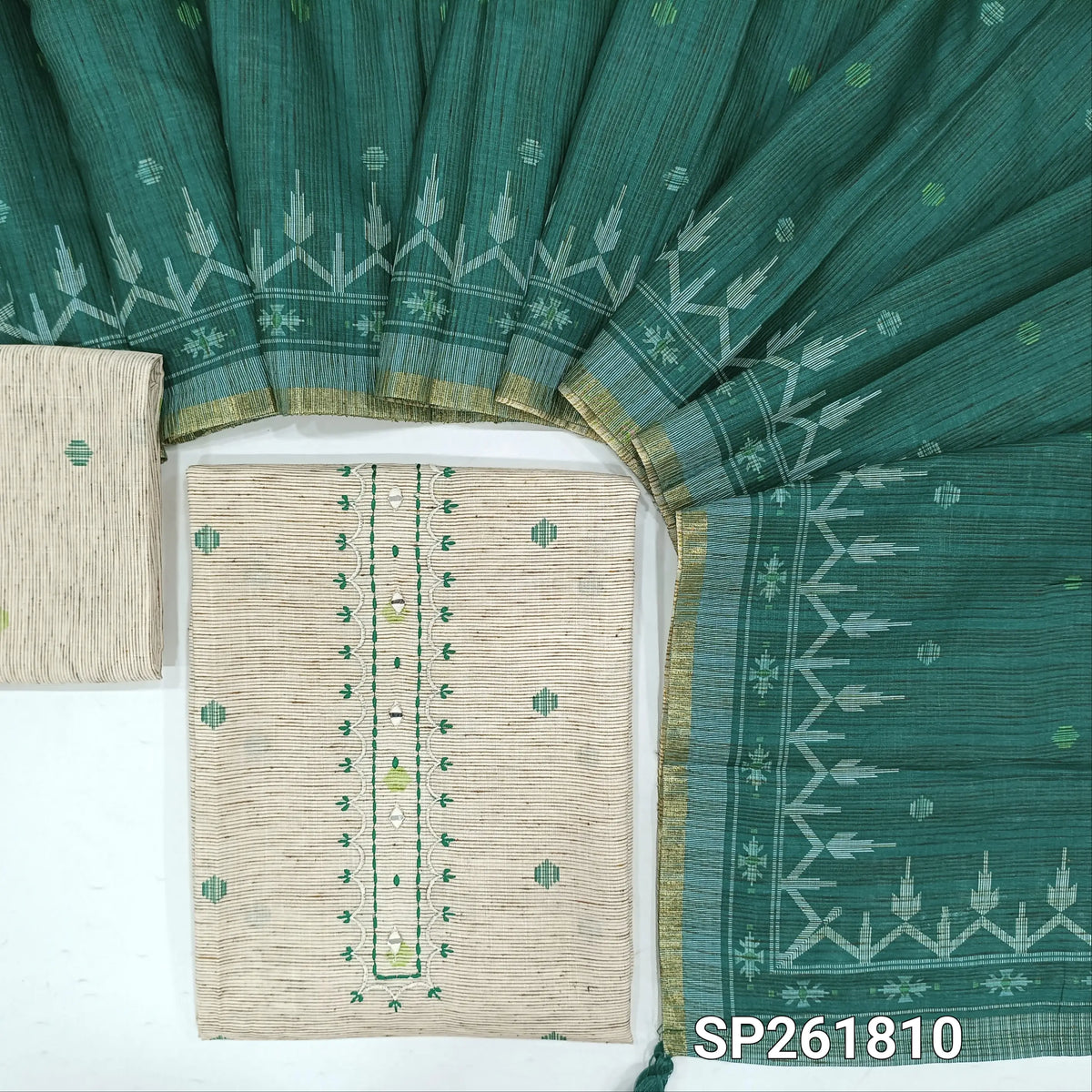 Off white base jute linen unstitched salwar material, thread embroidery and real mirror on yoke, printed all over, printed daman,(TEAL GREEN,Textured, Lining Needed) jute linen bottom,printed semi linen dupatta with tissue borders. SP261810