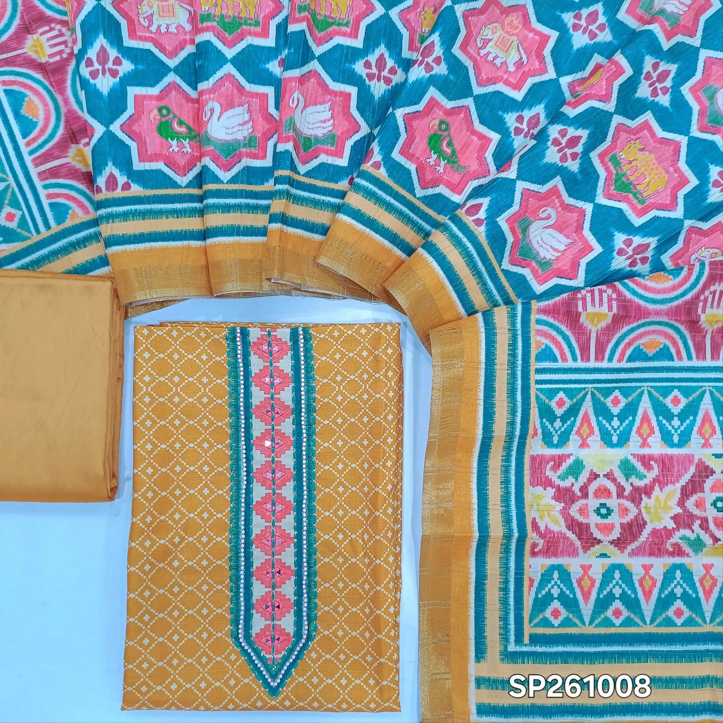 Mehandhi yellow silk cotton digital printed unstitched salwar material, real mirror work on yoke (Thin, Lining Needed)matching silky bottom, multicolored silk cotton dupatta. SP261008