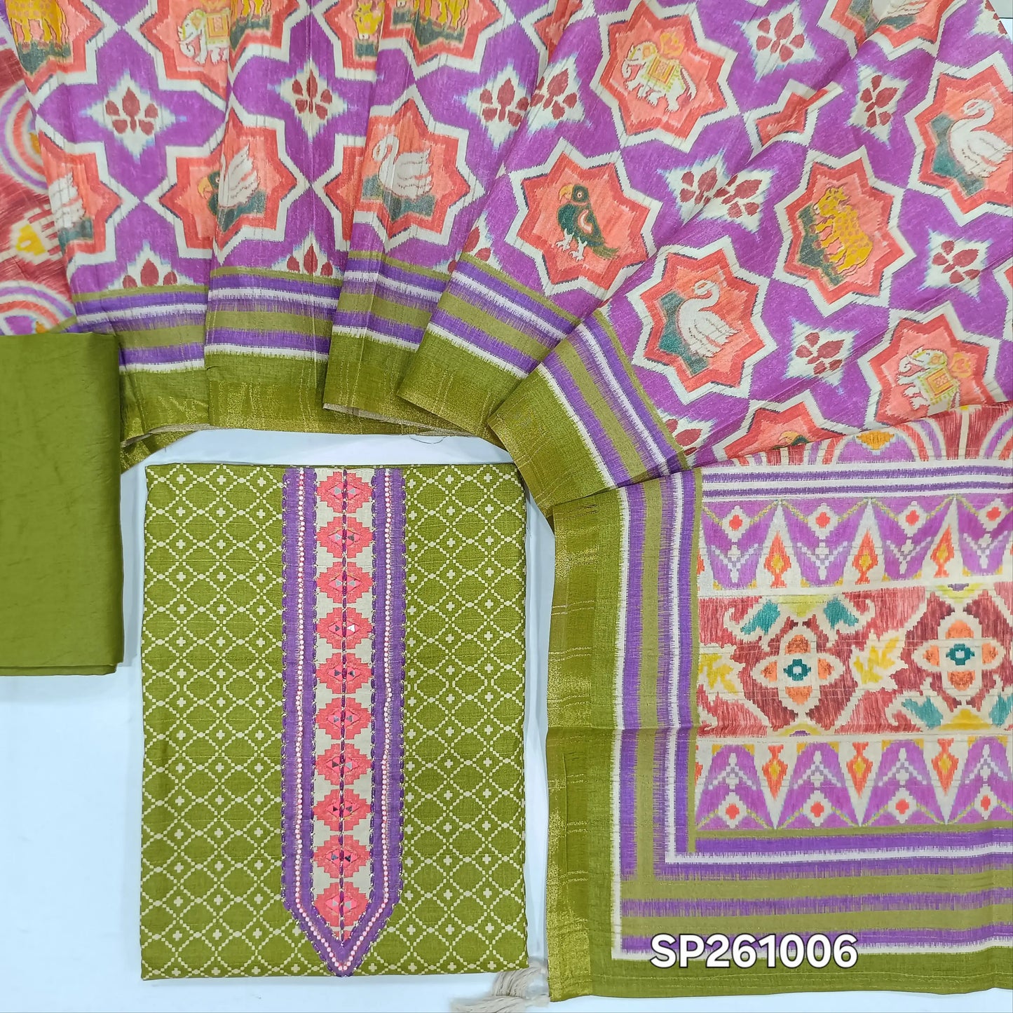 Green silk cotton digital printed unstitched salwar material, real mirror work on yoke (Thin, Lining Needed)matching silky bottom, multicolored silk cotton dupatta. SP261006