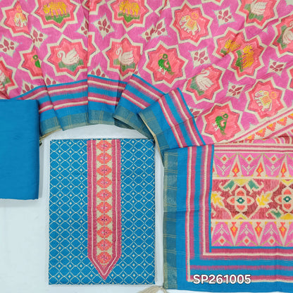Blue silk cotton digital printed unstitched salwar material, real mirror work on yoke (Thin, Lining Needed)matching silky bottom, multicolored silk cotton dupatta. SP261005